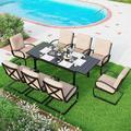 Patio Dining Set for 4 Outdoor Furniture Square Bistro Table with 1.57 Umbrella Hole 4 Spring Motion Chairs with Cushion Burgundy for Backyard Garden Lawn