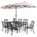 VILLA 5 Piece Patio Dining Set with 10ft Umbrella 37 Square Metal Dining Table & 4 Stacking Metal Chair with 3 Tier Navy Umbrella for Outdoor Deck Yard Porch