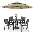 VILLA Outdoor 10ft Patio Umbrella Set for 4 with 5 Pieces Dining Table Chairs Metal Outdoor Stackable Wrought Iron Chair Set of 4 & 37 Metal Table 3 Tier Vented Dark Blue Umbrel