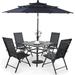 & William Outdoor 6 Pieces Dining Set with 4 Rattan Chairs 1 Metal Table and 1 10ft 3 Tier Auto-tilt Umbrella(No Base) Orange Red Modern Patio Furniture for Poolside Porch Patio