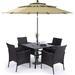 Perfect & William Outdoor 6 Pieces Dining Set with 4 Rattan Chairs 1 Metal Table and 1 10ft 3 Tier Auto-tilt Umbrella(No Base) Orange Red Modern Patio Furniture for Poolside Porch