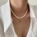 Free People Jewelry | Free People Pearl Cross Choker Necklace | Color: Gold/White | Size: Os