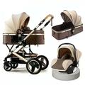 Baby Stroller Carriage for Newborn, 3 in 1 High View Baby Stroller for Baby Girl & Boy, Baby Pram Pushchair Toddler & Infant Reversible Bassinet with Mosquito Net, Foot Cover (Color : Khaki)