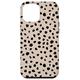 Hülle für iPhone 15 Plus Dalmatiner-Muster, Pinselstrich, schwarze LRG-Punkte, braune Mandel
