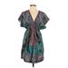 Cotton Express Casual Dress - Mini Plunge Short sleeves: Teal Dresses - Women's Size Small