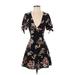 Pull&Bear Casual Dress - Mini V-Neck Short sleeves: Black Floral Dresses - Women's Size X-Small