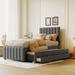 Upholstered Platform Bed with Trundle and 3 Drawers, Wood Twin Bed Frame with Storage and Linen Headboard