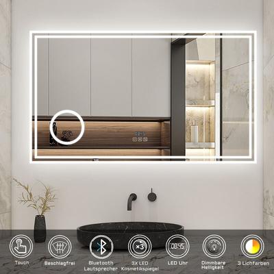 100 x 60 cm Beschlagfrei+3 Lichtfarben Dimmbar+Bluetooth+Uhr+3x Vergrerung Schminkspiegel+LED Image
