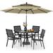 Perfect VILLA Outdoor 10ft Patio Umbrella Set for 4 with 5 Pieces Dining Table Chairs Metal Outdoor Stackable Wrought Iron Chair Set of 4 & 37 Metal Table 3 Tier Vented Dark Blu