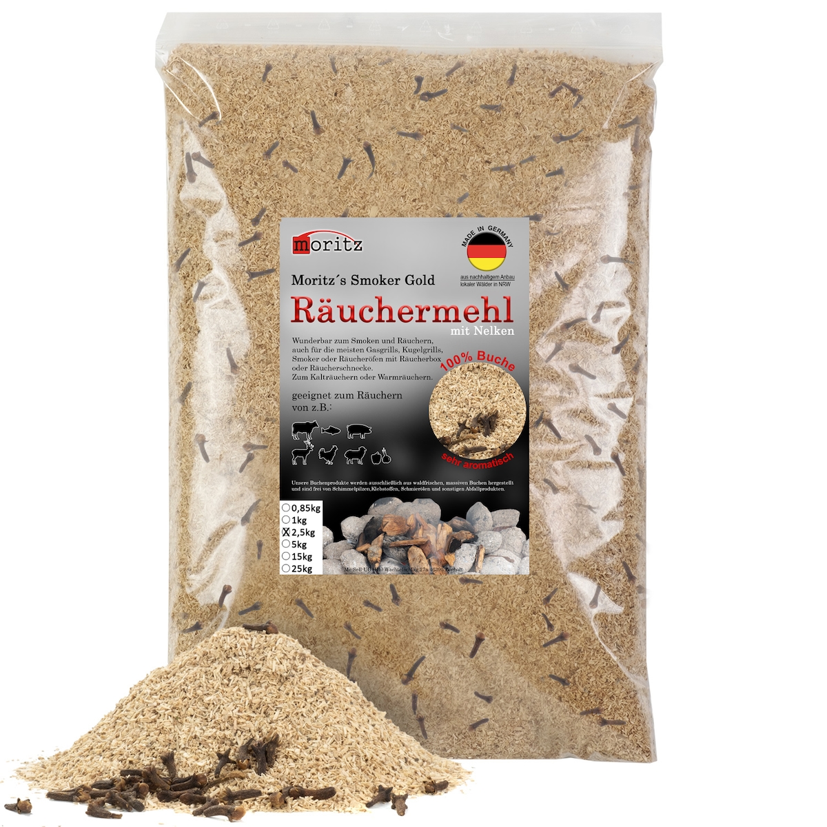 Moritz 2,5kg Räuchermehl Buche mit Nelke fein 0,5 -1 mm Räuchern I Kalträuchern von Fisch Fleisch Wurst Käse auch für BBQ I Grill - Räucherspäne Image