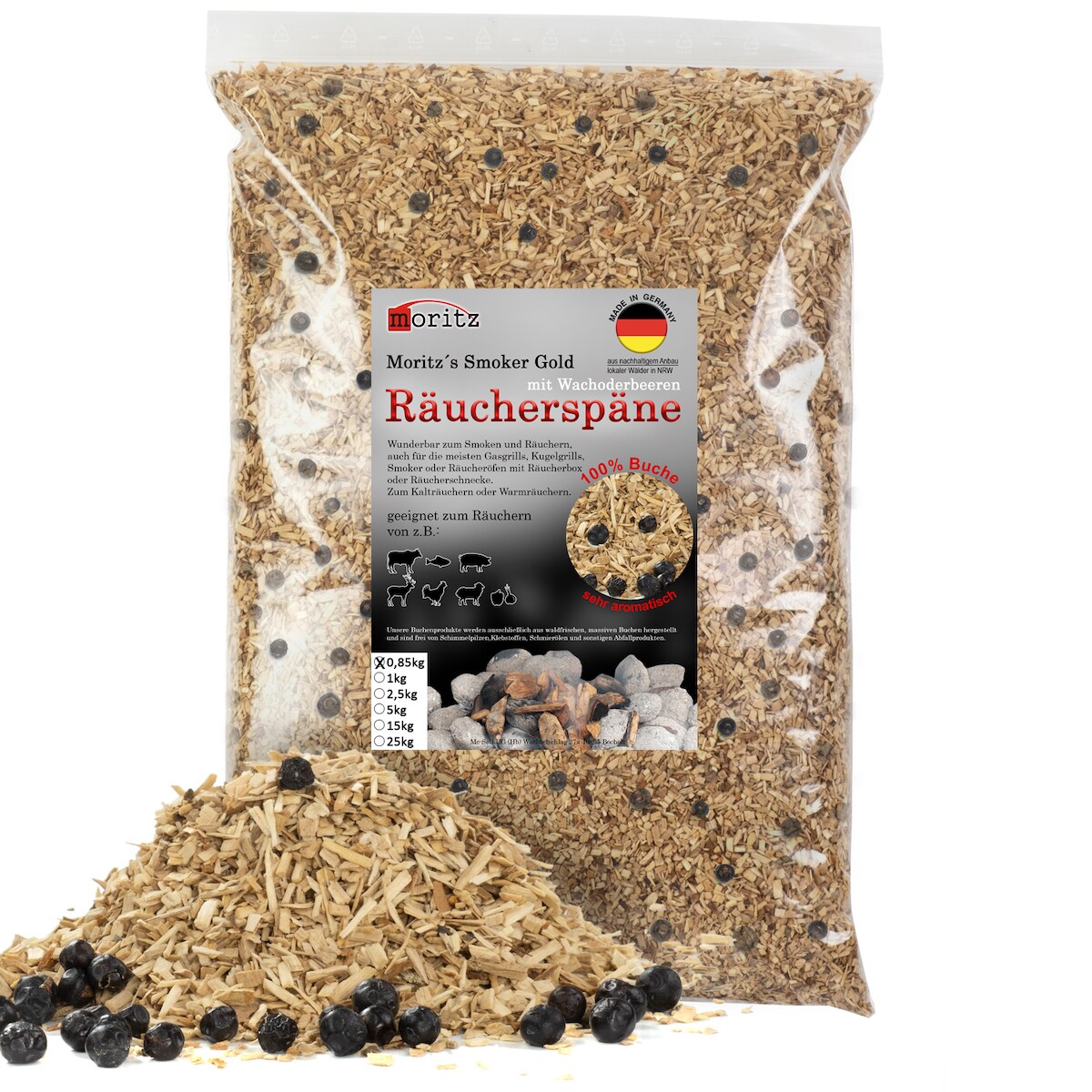 Moritz 0,85kg Räucherspäne Buche mit Wacholder fein 0,75 -2 mm Räuchern I Kalträuchern von Fisch Fleisch Wurst Käse auch für BBQ I Grill - Räuchermehl Image