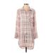 Cloth & Stone Casual Dress - Shirtdress Collared Long sleeves: Pink Plaid Dresses - Women's Size X-Small