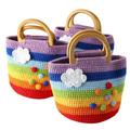 XJHHS 25X23CM 100% Handmade Line Hook Rainbow Cotton Sugar Handbag Crochet Handbag With Wood Handle For Women