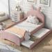 Twin Size Pink Chenille Platform Bed with Cartoon Ears Headboard, Safety Rail, Robust Frame, Easy to Assemble