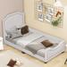 Beige Linen Twin Size Upholstered Bed with Nailhead Trim Headboard, Single Side Guardrail, Robust Wood Frame