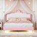 Twin/Full Size Upholstered PU Leather Princess Bed with Crown Headboard, Kids Platform Bed Frame with Light Strip