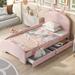 Pink Chenille Upholstered Twin Platform Bed with Cartoon Ears Headboard, Guardrail, Solid Frame, Easy Assembly