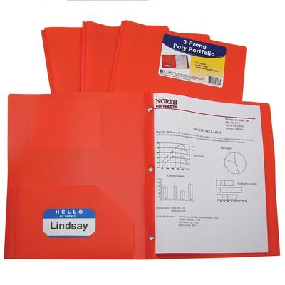 C-Line 2-Pocket Poly Portfolio with Prongs, Orange, Pack of 25