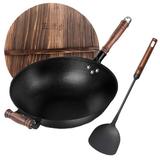 Wangyuanji 14.2" Handmade Cast Iron Wok w/ Shovel - Wooden Lid & Handle, Flat Bottom Pan for All Stoves Non Stick/Cast Iron in Black/Gray | Wayfair