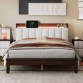 Wrought Studio™ Platform Bed w/ USB Charging Station & Storage Upholstered Headboard, LED Bed Frame in Brown | 39.4 H x 56.1 W x 81.3 D in | Wayfair