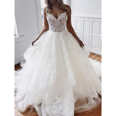 TS Engagement Formal Wedding Dresses Ball Gown Sweetheart Camisole Spaghetti Strap Chapel Train Lace Bridal Gowns With Appliques 2025