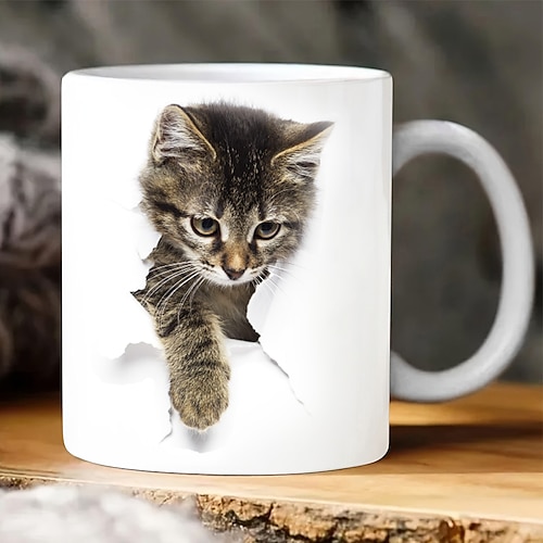Tasse mit 3D-Druck, Kätzchen, Loch in einer Wand, Keramik-Kaffeetasse mit Katzenmotiv, 3D-Neuheits-Katzenbecher, Katzenliebhaber-Kaffeetasse, Katzenclub-Tasse, weiße Keramiktasse, Geschenke für Männer und Frauen Image