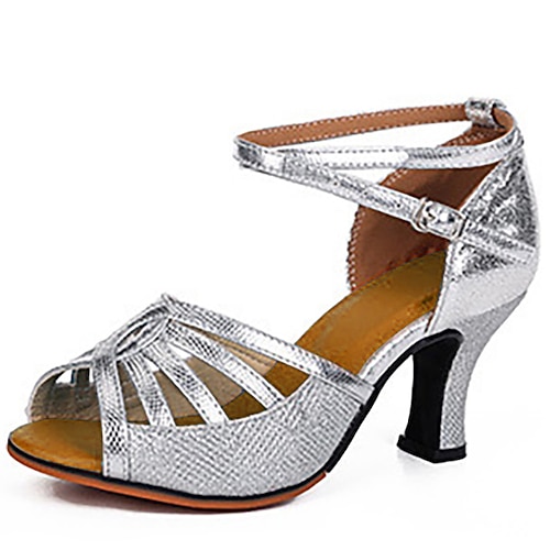 Damen-Latin-Tanzschuhe mit goldenem Glitzer – Riemchen-Pumps mit offener Spitze und Knöchelriemen für Standard- und Salsa-Auftritte Image