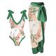 2 pcs Swimwear Cover Up Swimsuits Retro Vintage 1980s Women's Floral Polyester Green Skirt One-piece Swimswuit