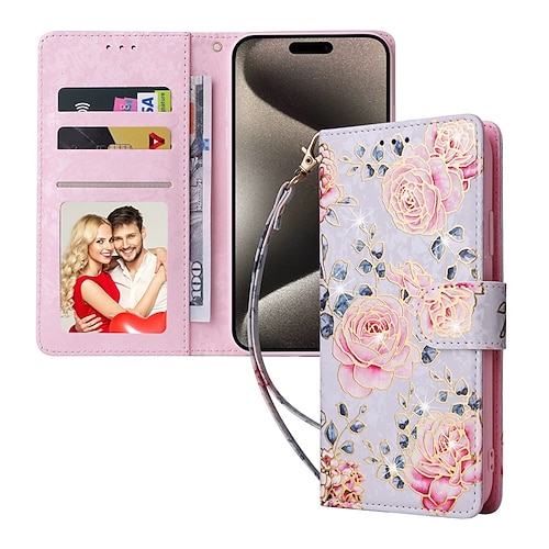 Handy Hülle Handyhüllen Für iPhone 17 Pro Max 17 Air 16 15 14 Pro Max Plus 13 12 11 Pro Max Mini Brieftaschenhülle Vollschutz Mit Handgelenkschlaufe Ständer Blumendruck TPU PU-Leder Image