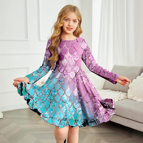 kinderkleidung Mädchen Kleid Blumen Farbblock Farbverlauf Langarm Outdoor Casual Brautkleider schlicht Süß Polyester Übers Knie A Linie Kleid Sommer Frühling Herbst 4-12 Jahre Mehrfarbig Schwarz Weiß Image
