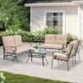 SOLAURA 5-Piece Outdoor Metal Furniture Set Patio Wrought Iron Conversation Set (Patio Swing Glider 2 Patio Chairs Loveseat with Coffee Table) Brown