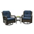 3 Pieces Outdoor Patio Bistro Rocking Chair Set Rattan 360-Degree Wicker Swivel Conversation Set with Cushions and Glass-Top Coffee Table Heavy Duty Funiture Set for Porch Balcony Navy Blue