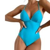 Bigersell Retro One-Piece Swimsuits for Women Clearance V-Neck Sleeveless Retro Swimsuit Ladies Monokini Swimwear One-Piece Swimsuits Style O-411 Workout Swimsuits Sky Blue S