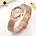 WWOOR-Montre-bracelet en maille or rose pour femme montre à quartz simple ceinture en diamants