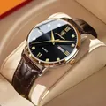 POEDAGAR-Montre à quartz en cuir pour homme avec boîte montre-bracelet étanche horloge de sport