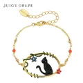 JUICY GRAPE-Bracelet à breloques chat noir pour femme plaqué or 18 carats émail peint à la main