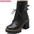 MORAZORA-Bottines à talons hauts et bout rond pour femme chaussures à lacets plateforme boucle