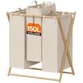 Lifewit 150L Bamboo Laundry Hamper, Foldable Laundry Basket 3 Compartments Large Laundry Sorter System Laundry Bin 3 Sections With 3 Laundry Bags for Laundry Room Bedroom Bathroom, Beige