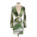 Forever 21 Cocktail Dress - Bodycon Plunge Long sleeves: Green Tropical Dresses - Women's Size Small