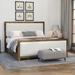 Full Size Platform Storage Bed Frame Natural Wooden Bed with 4 Pull-out Drawers, Beige Linen Upholstered Headboard Footboard