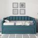 Trapezoidal Stripe Backrest Sofa Bed Frame Twin Size Upholstered Daybed with Pull-out Trundle Bed, 3 Drawers - Storage Bed
