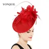 Cappelli Fascinator rossi per le donne Fascinator elegante da sposa con fiore di piume adornano