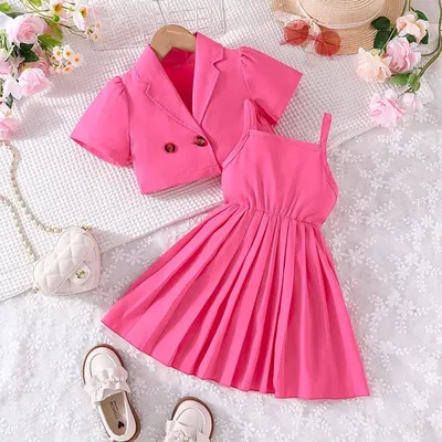 Clothing Set For Kid Girl 4-7 Years old Short Sleeve Button Top Pleated Suspenders Princess Dresses