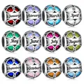 Fit Original Pandora Charms Bracelet Birthstone Charms Month Heart Zircon Round Bead 925 Silver