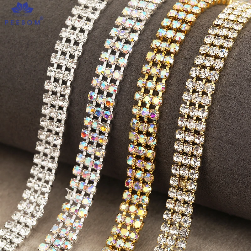 PEESOM SS8 3rows 7mm width Clear Rhinestone Cup Chain Gold/Sliver CrystalAB Glass Crystal Cup Chain for DIY Garment Accessories