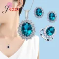 Silver Color Jewelry Sets High Quality Princess Cutting Oval Crystal Zircon Necklace Earrings Ring