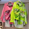 Chic Women Rhinestones Denim Jacket Irregular Printed Shirt Diamonds Beaded Blouse Cardigan Single