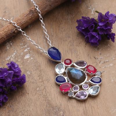 Blissful Glam,'Labradorite Quartz Amethyst and Blue Topaz Pendant Necklace'