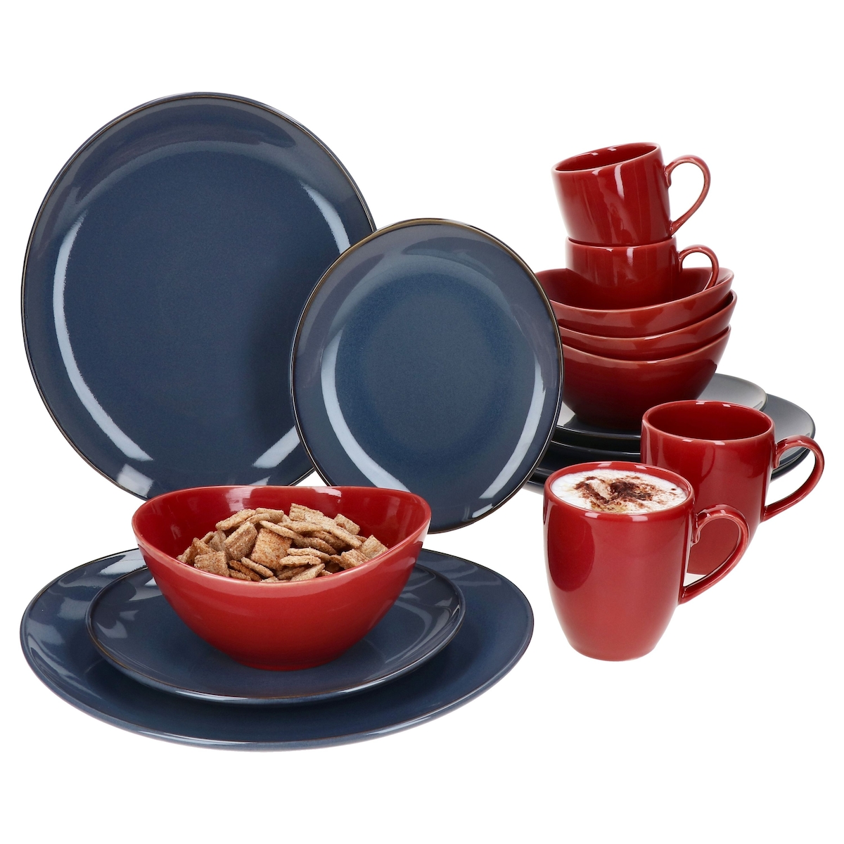 Natural 16tlg Kombiservice rot & blau Steingut 4 Personen Becher Schalen Teller Image