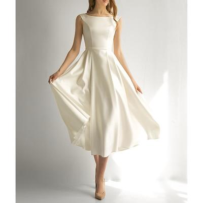 TS Bridal Shower Little White Dresses Wedding Dresses A-Line Scoop Neck Sleeveless Tea Length Satin Bridal Gowns With Solid Color 2025